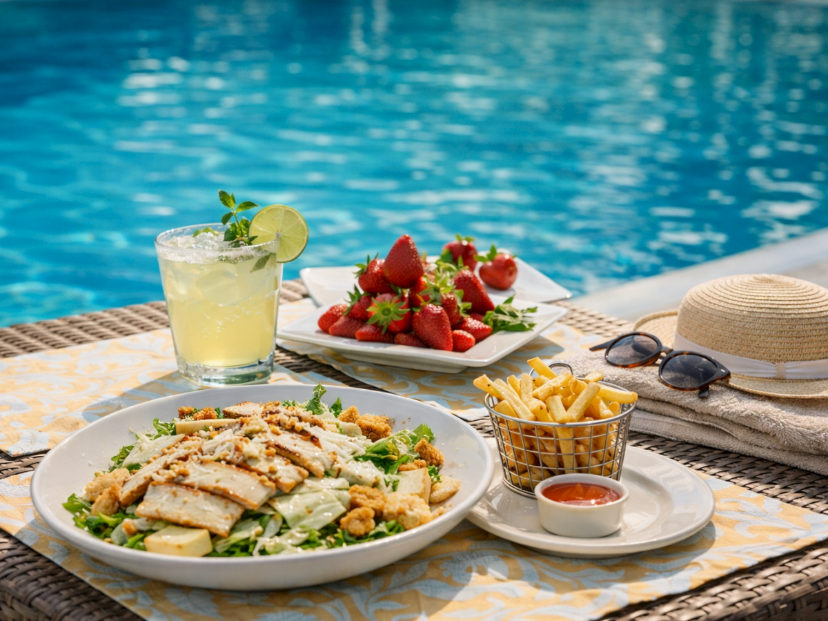 Poolside table with lemonade, strawberries, salad, fries, and sunglasses plus a straw hat by the swimming pool.